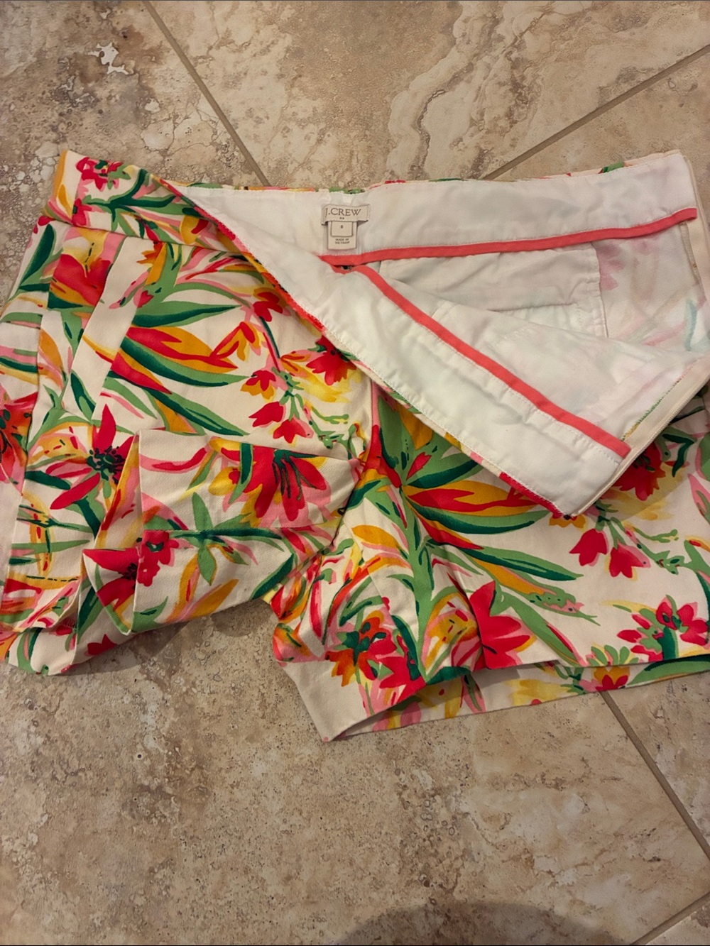 J. Crew Cream Floral Print Cotton Shorts with Pink and Green Accents